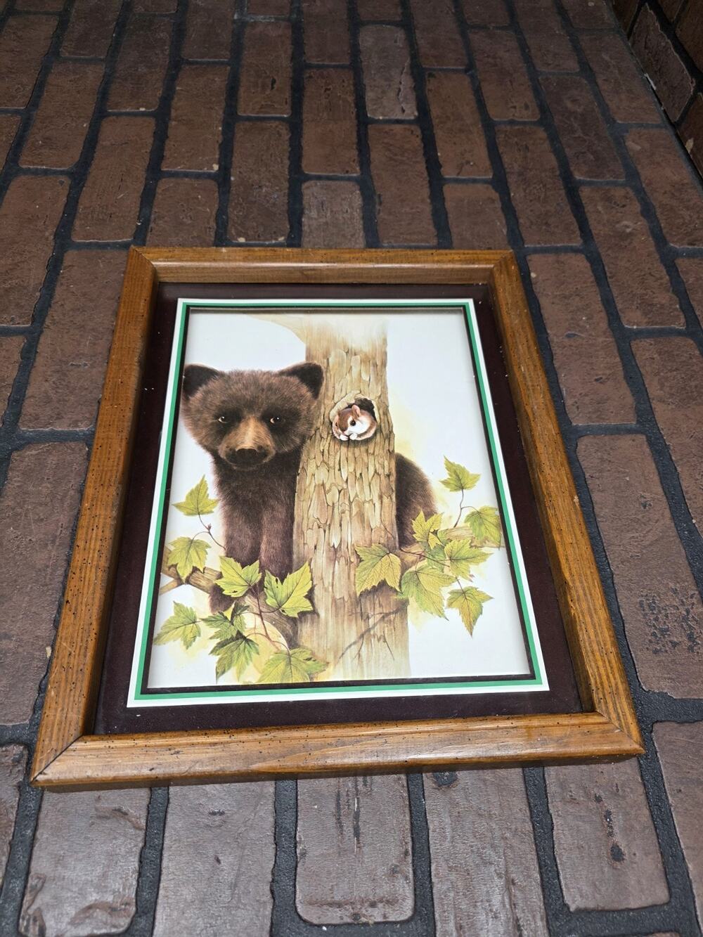 Frank Massa Bear Cub with Squirrel Print in Wood Shadow Box Frame 15x12